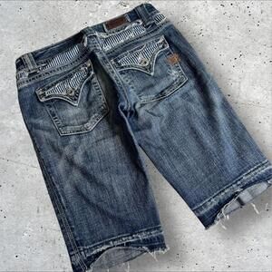 Miss‎ Me Women's Distressed Embellished Blue Stripes Jeans Denim Capri Shorts